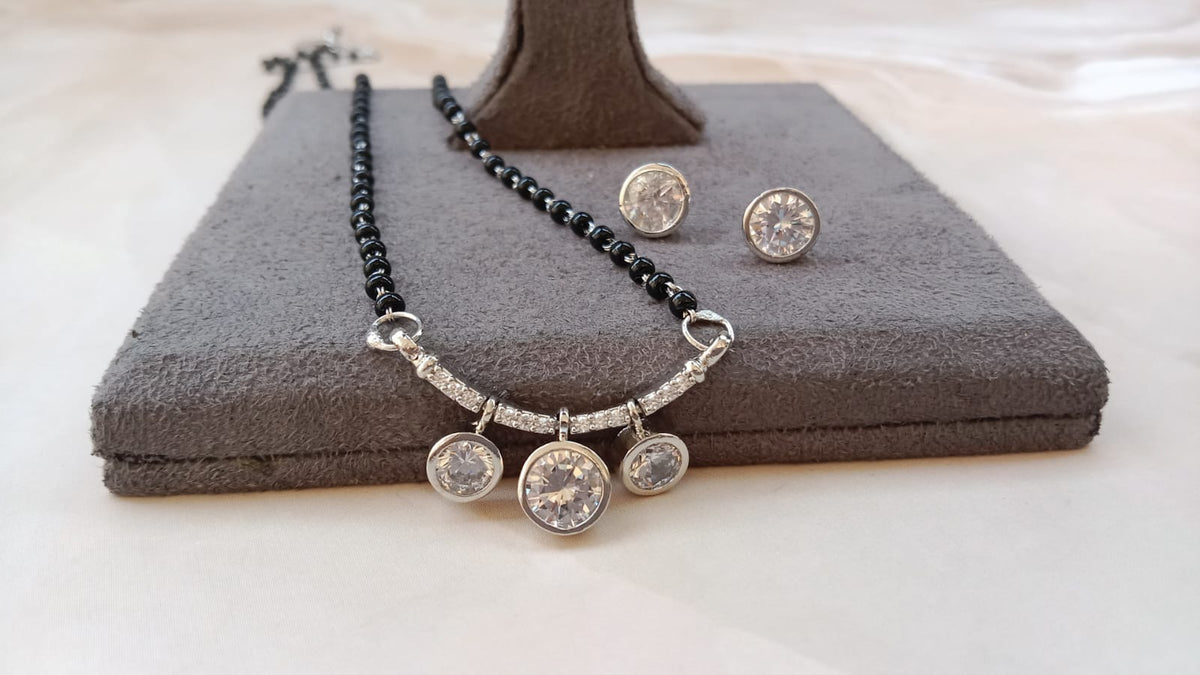 Hanging Drop Mangalsutra Set with Matching Round Earrings – Available in Yellow Gold, Silver, and Rose Gold Plating