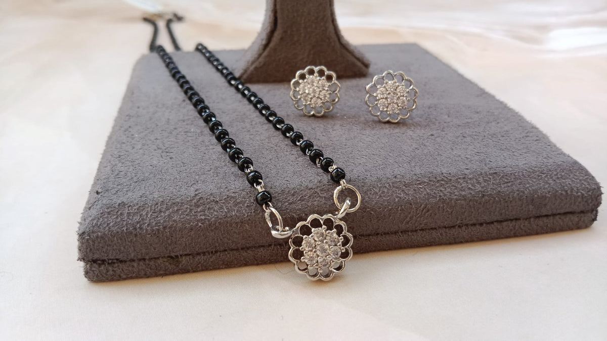Floral Cluster Solitaire Mangalsutra Set with Scalloped Border Matching Earrings – Available in Rose Gold, Silver, and Yellow Gold Plating