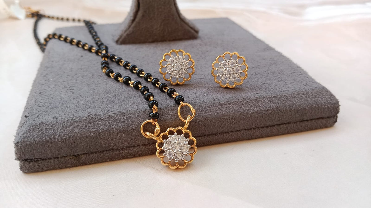 Floral Cluster Solitaire Mangalsutra Set with Scalloped Border Matching Earrings – Available in Rose Gold, Silver, and Yellow Gold Plating