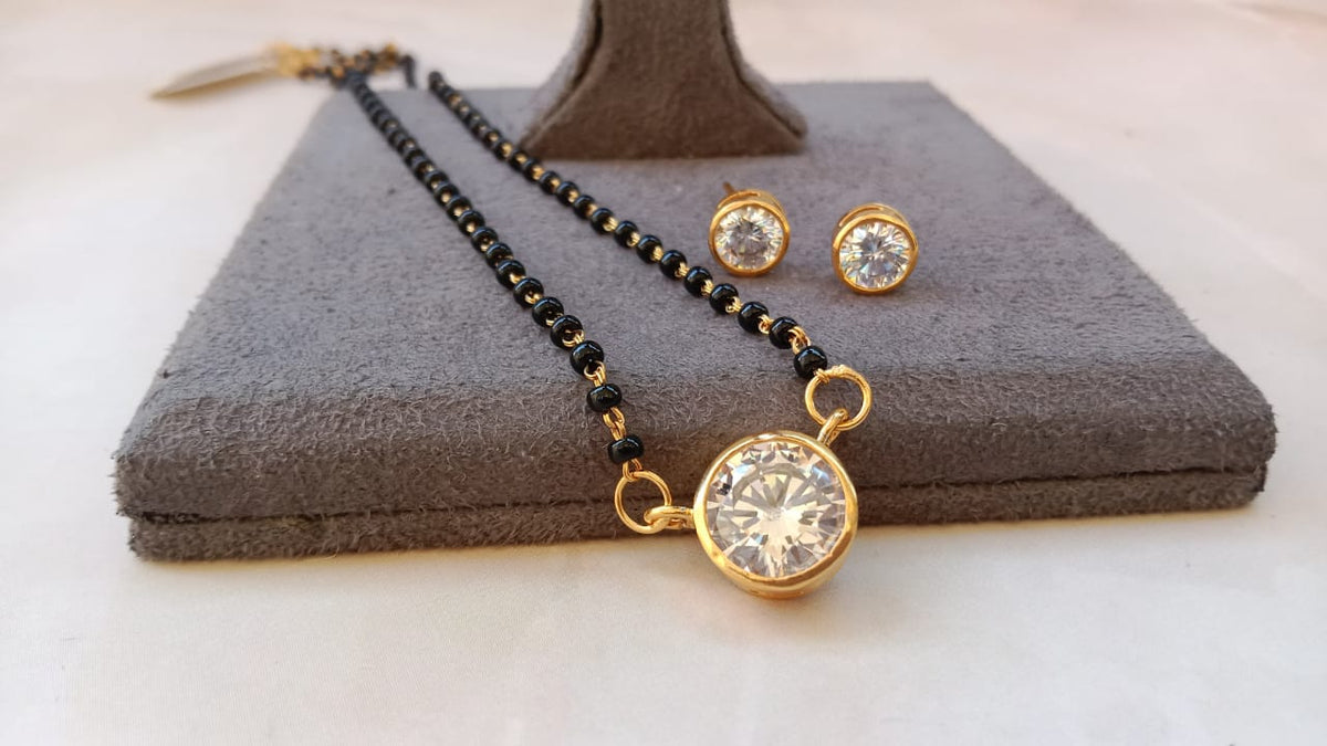 Elegant American Diamond Mangalsutra Set with Matching Earrings – Gold Plated, Rhodium Plated & Rose Gold Plated