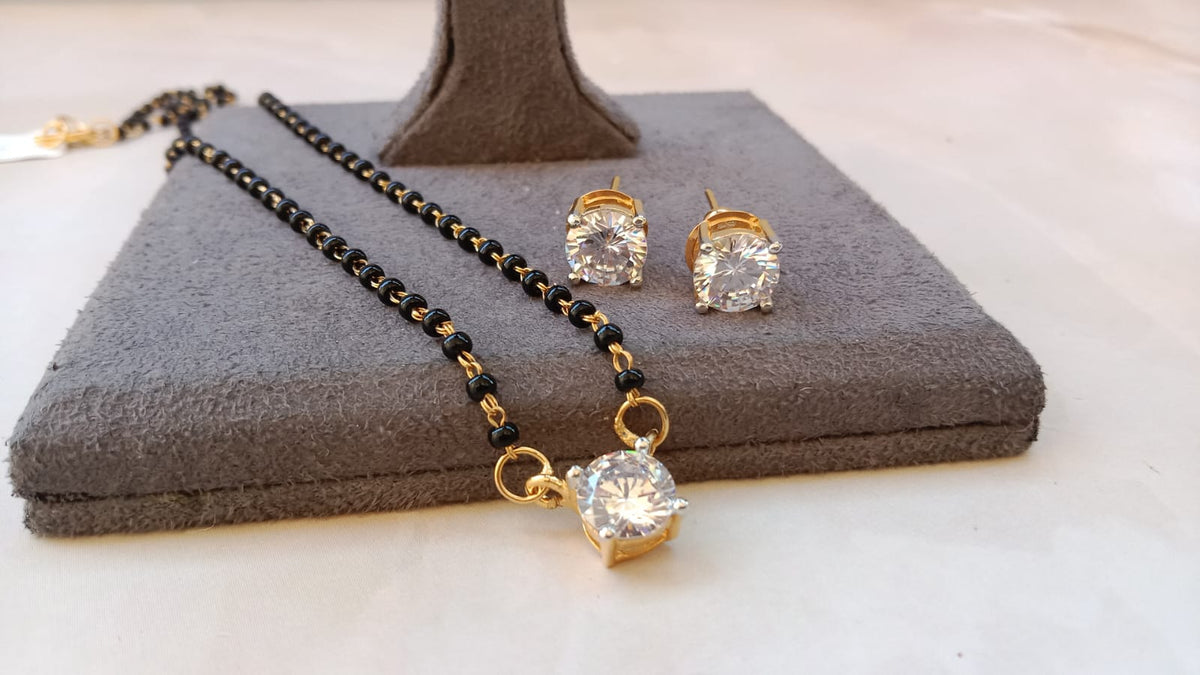 Single Stone Solitaire Mangalsutra Set with Earrings – Available in Yellow Gold, Silver, and Rose Gold Plating