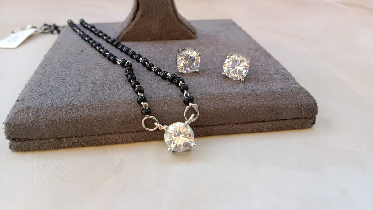 Single Stone Solitaire Mangalsutra Set with Earrings – Available in Yellow Gold, Silver, and Rose Gold Plating