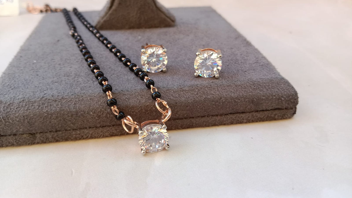 Single Stone Solitaire Mangalsutra Set with Earrings – Available in Yellow Gold, Silver, and Rose Gold Plating