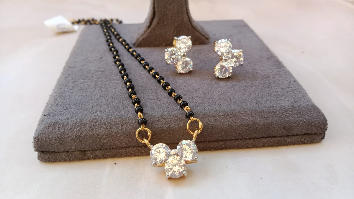 Stone Cluster Brilliant Cut Mangalsutra Set with Matching  Earrings – Available in Yellow Gold, Silver, and Rose Gold Plating
