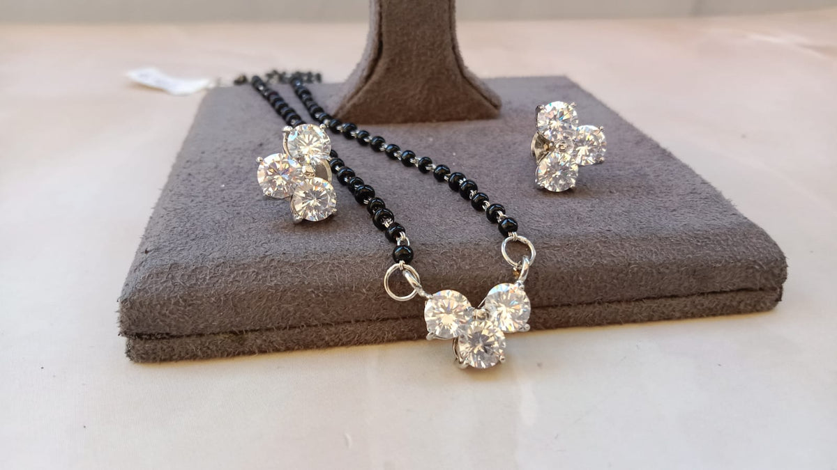 Stone Cluster Brilliant Cut Mangalsutra Set with Matching  Earrings – Available in Yellow Gold, Silver, and Rose Gold Plating
