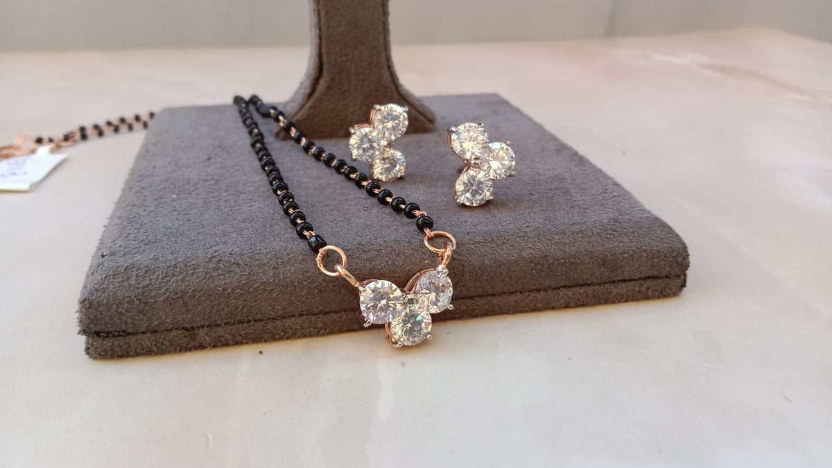 Stone Cluster Brilliant Cut Mangalsutra Set with Matching  Earrings – Available in Yellow Gold, Silver, and Rose Gold Plating