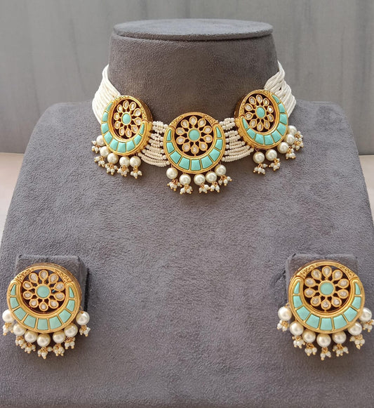 Aqua Enamel Kundan Choker Set with Pearl Layers