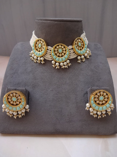 Aqua Enamel Kundan Choker Set with Pearl Layers