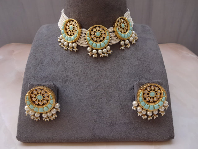 Aqua Enamel Kundan Choker Set with Pearl Layers