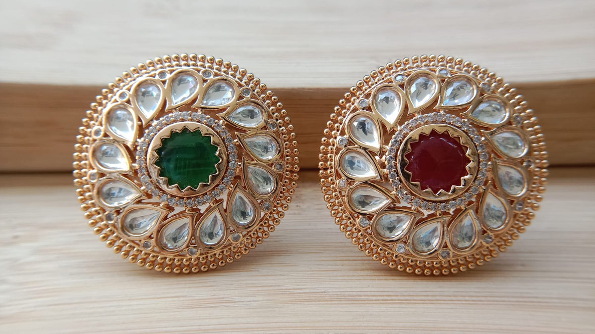 Gold Plated Adjustable Kundan Style Statement Ring for Women