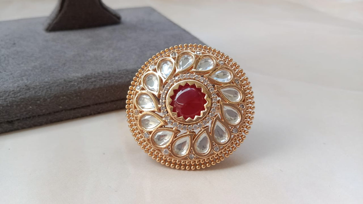 Gold Plated Adjustable Kundan Style Statement Ring for Women