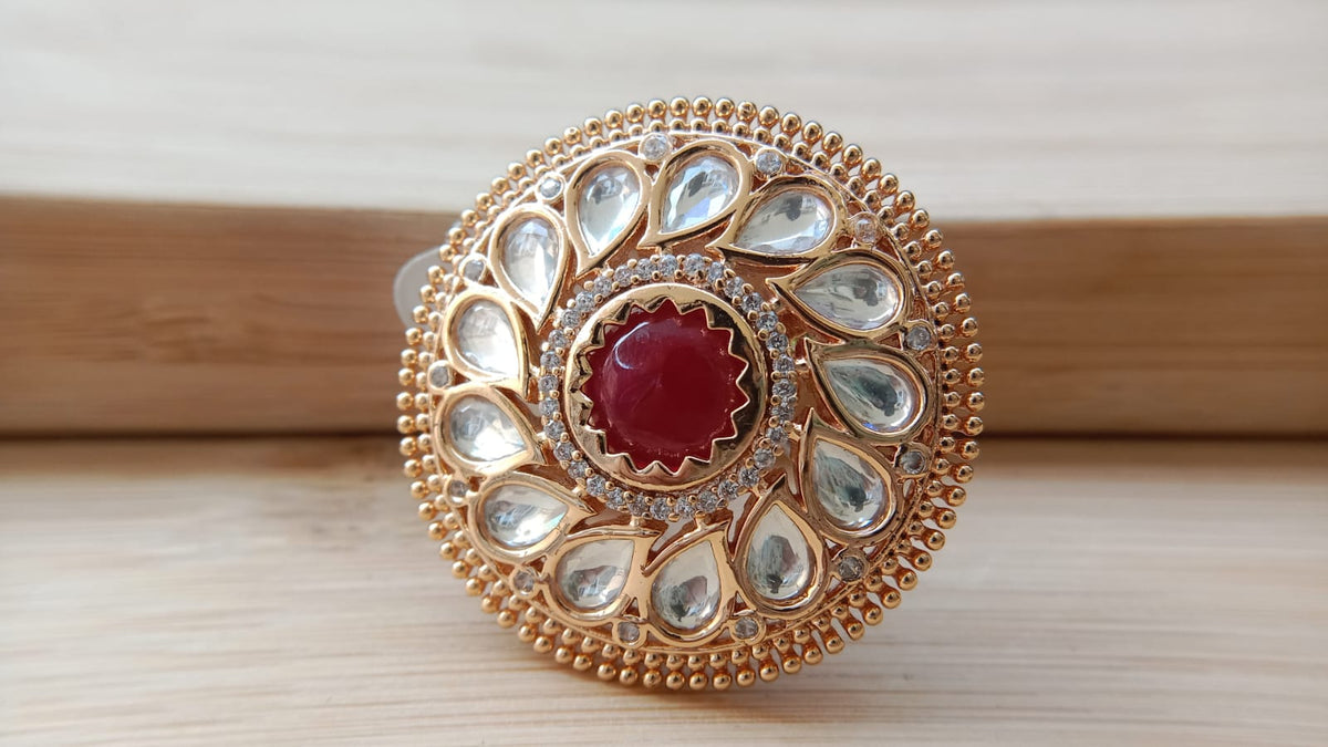 Gold Plated Adjustable Kundan Style Statement Ring for Women