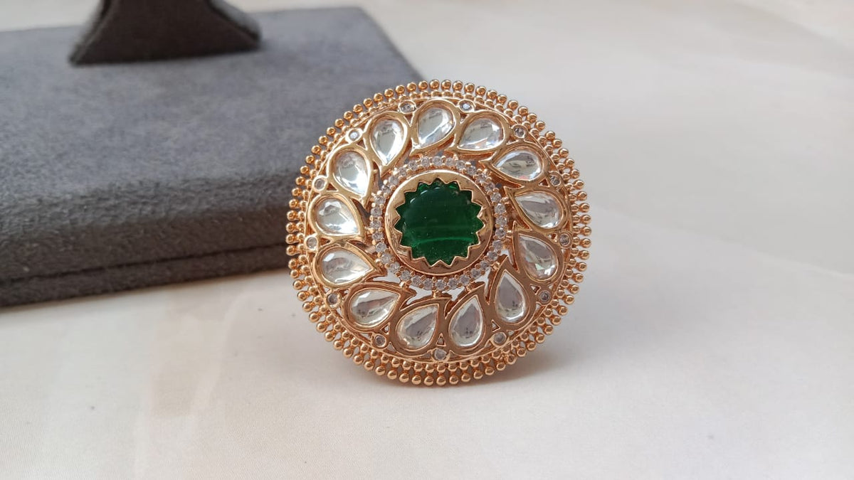 Gold Plated Adjustable Kundan Style Statement Ring for Women