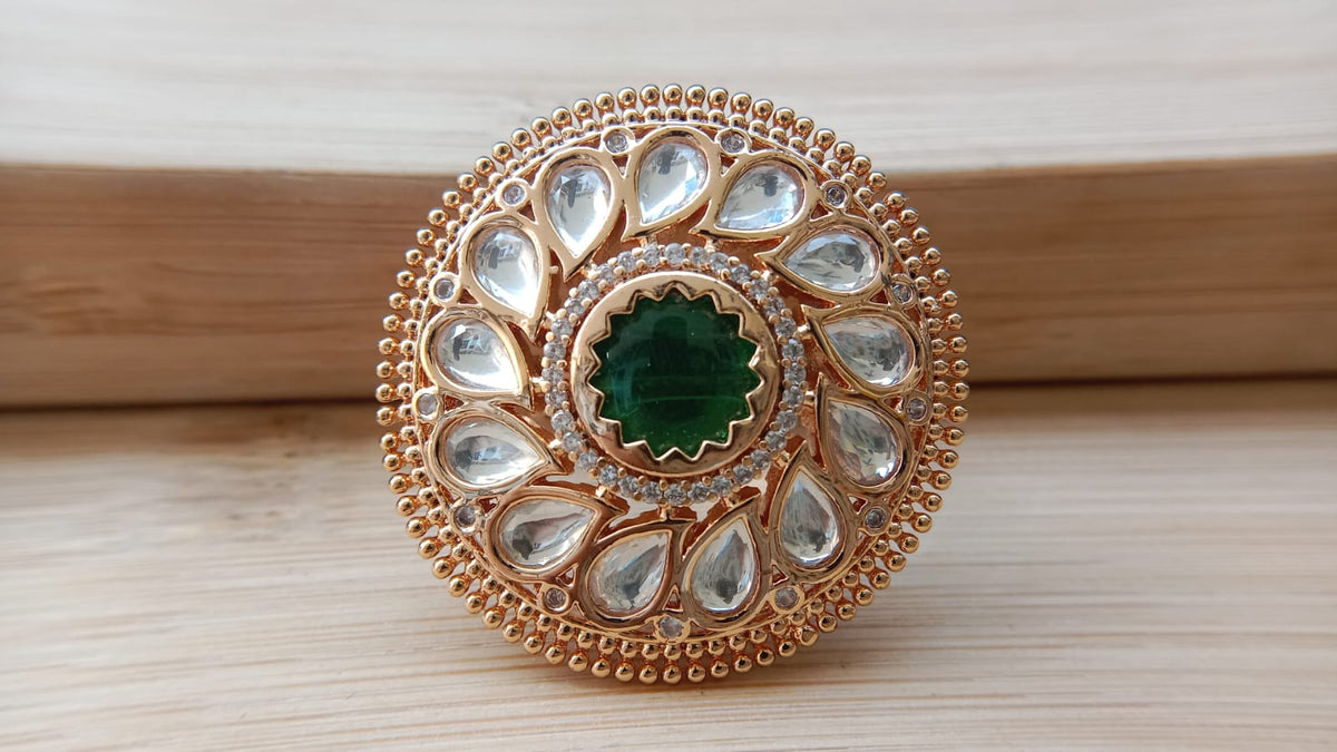 Gold Plated Adjustable Kundan Style Statement Ring for Women