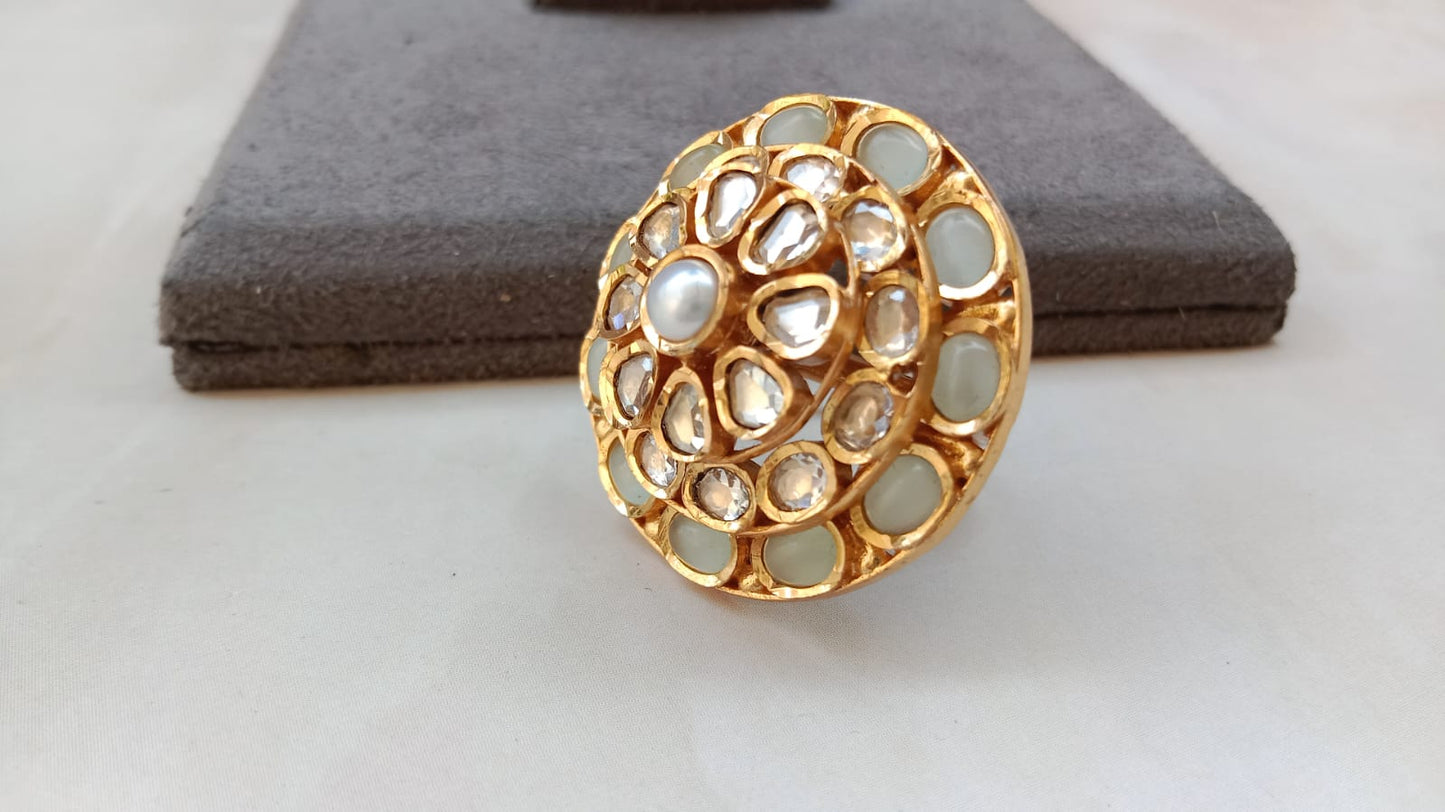 Gold Plated Kundan mop Ring with Pearl Center