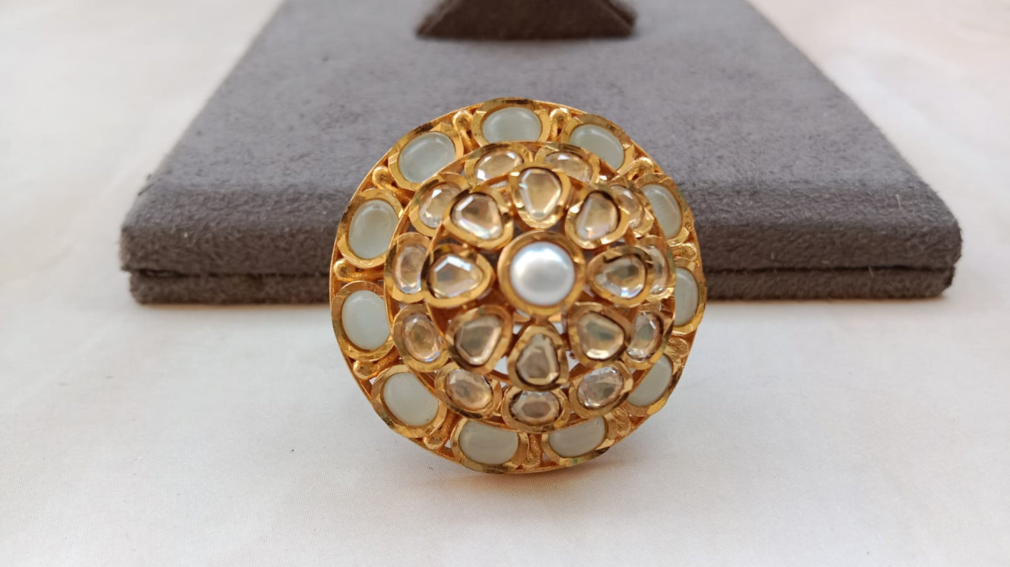 Gold Plated Kundan mop Ring with Pearl Center