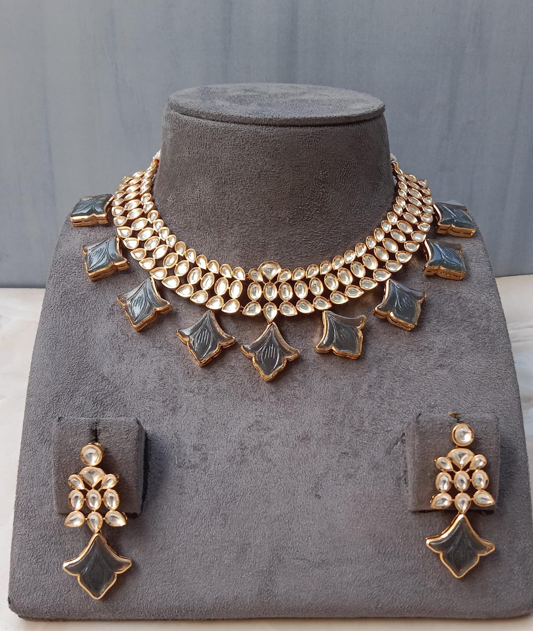 Royal Grey Enamel Polki Choker Set with Lotus Motif Drops