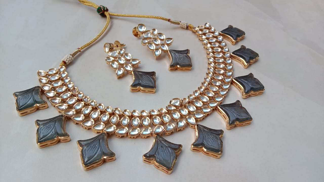 Royal Grey Enamel Polki Choker Set with Lotus Motif Drops