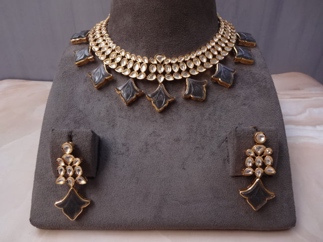 Royal Grey Enamel Polki Choker Set with Lotus Motif Drops