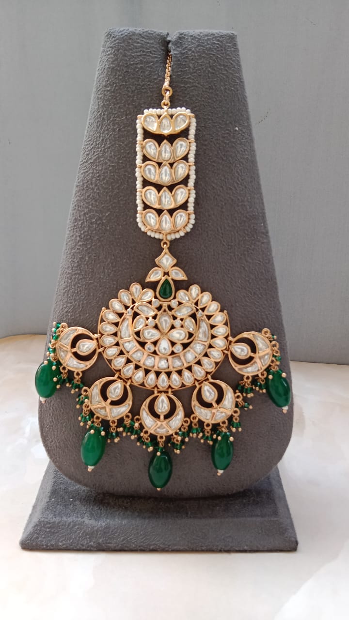 Polki Diamond Tikka with Gold Plating – Green Stone & Pearl Variants