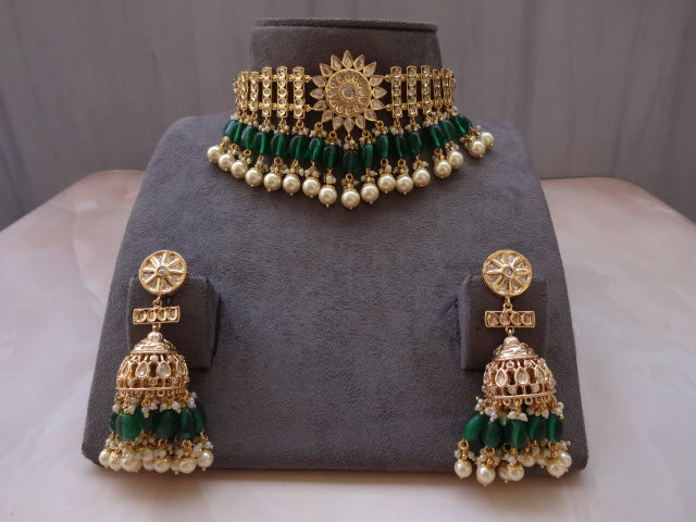 Royal Kundan Choker Necklace Set with Jhumkas