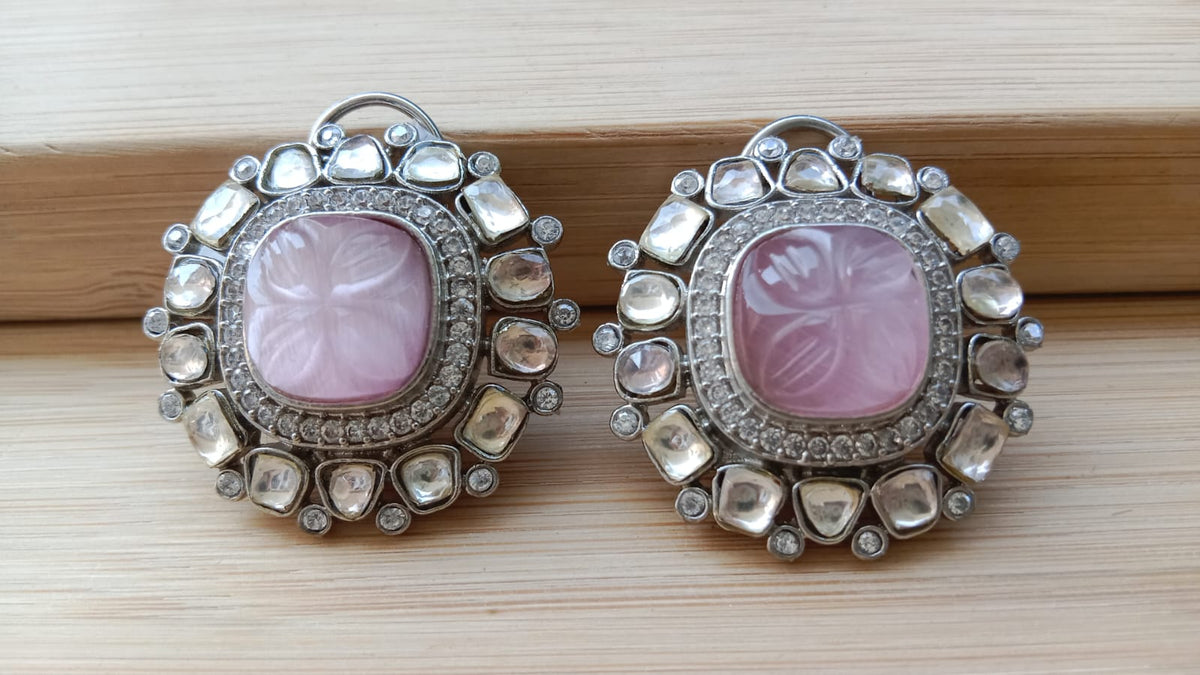 Silver Pink Carved Stone Kundan Polki Tops – Elegant Fusion of Color & Craftsmanship