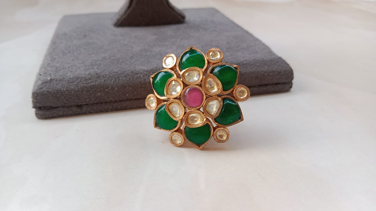 Gold Plated Pachi Kundan Ring in Pastel Multi-Color