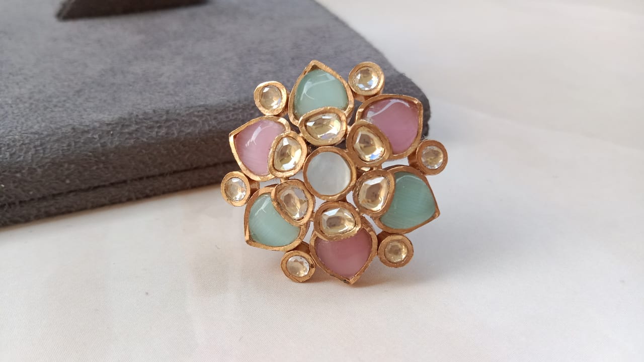 Gold Plated Pachi Kundan Ring in Pastel Multi-Color