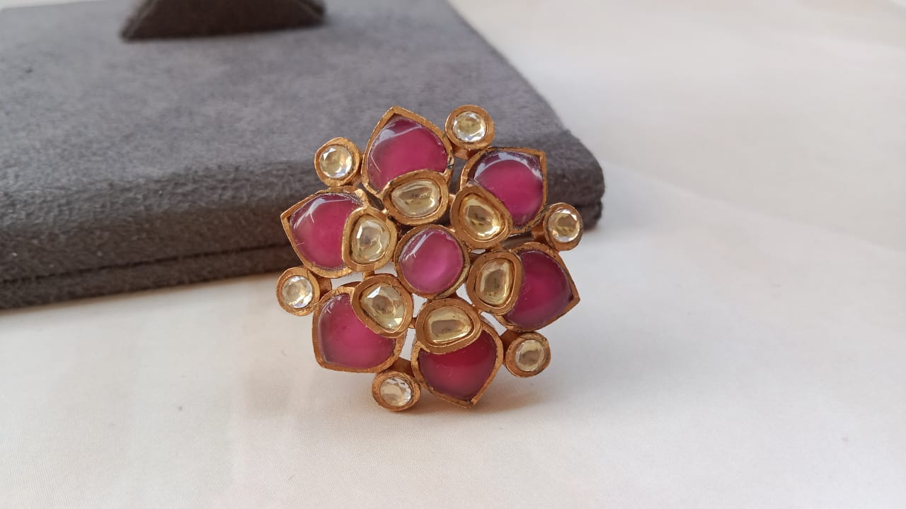 Gold Plated Pachi Kundan Ring in Pastel Multi-Color