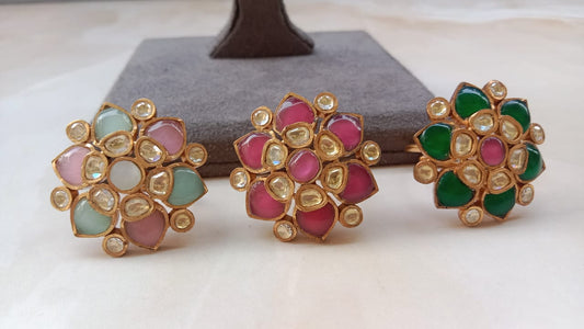 Gold Plated Pachi Kundan Ring in Pastel Multi-Color