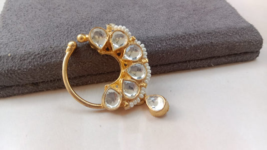 Bridal Kundan Crescent Nosering with Pearl Detailing – Ruby/Green & White Variants
