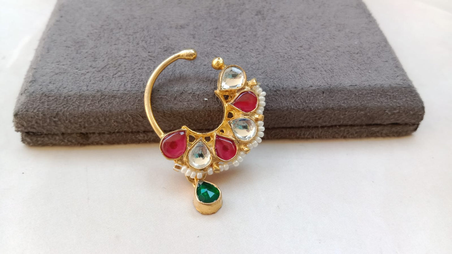 Bridal Kundan Crescent Nosering with Pearl Detailing – Ruby/Green & White Variants