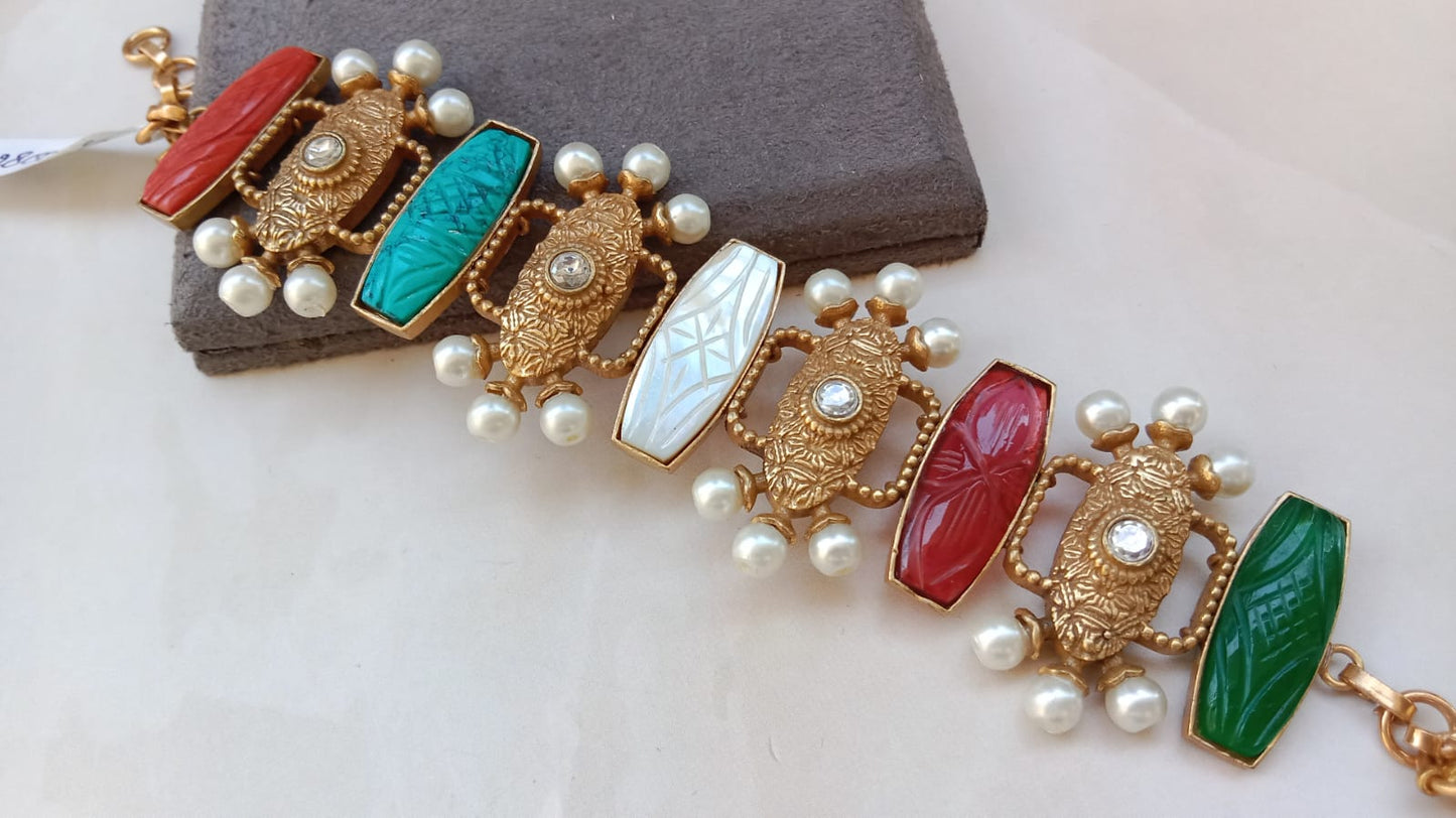 Carved Stone & Mother-of-Pearl Pearl-Edged Antique Bracelet