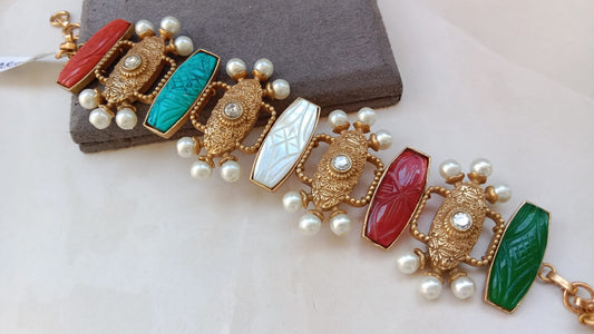 Carved Stone & Mother-of-Pearl Pearl-Edged Antique Bracelet