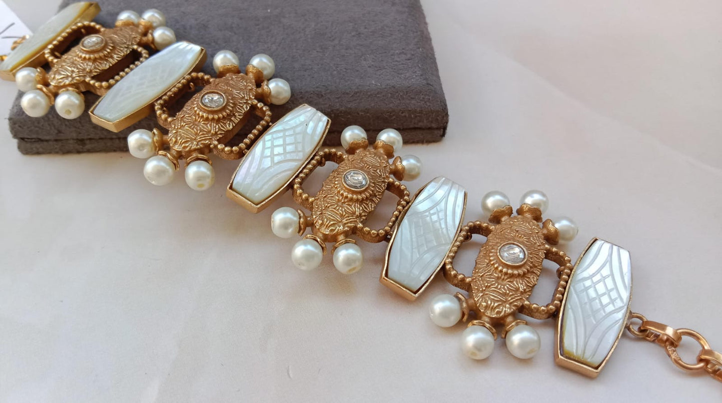 Carved Stone & Mother-of-Pearl Pearl-Edged Antique Bracelet