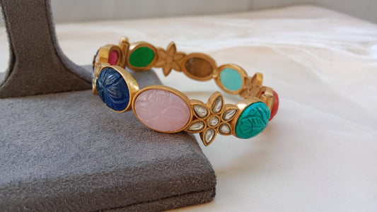 Multicolor Carved Stone Bangle with Kundan Floral Accent