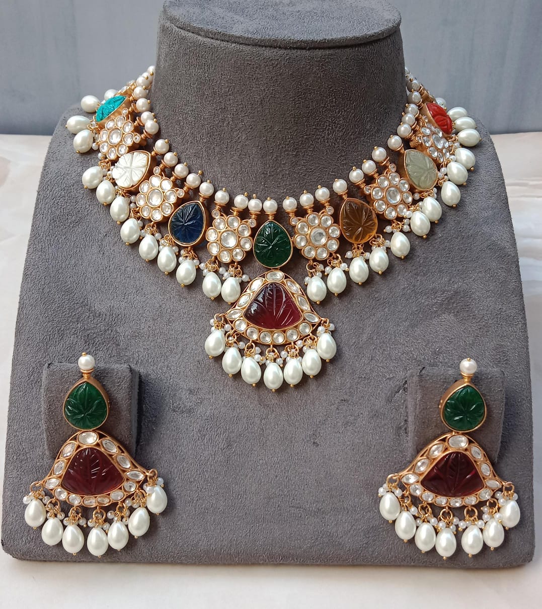 Regal Multicolour Carved Stone Kundan Pearl Choker Set