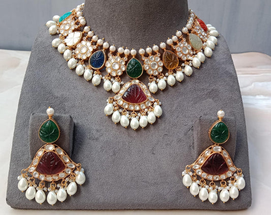 Regal Multicolour Carved Stone Kundan Pearl Choker Set