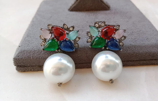 Multi and grey-Color AD Stud Earrings with Pearl Drop