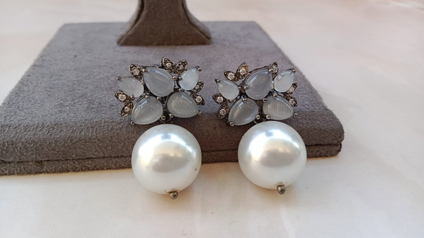 Multi and grey-Color AD Stud Earrings with Pearl Drop