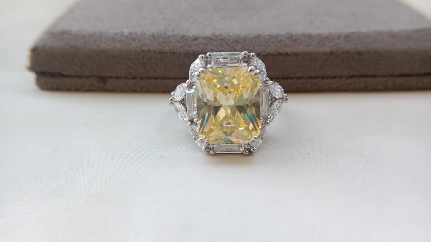 Luxury Emerald-Cut Statement Ring Collection for Women | Silver Finish CZ Cocktail Rings | Ruby Red, Emerald Green, Sapphire Blue & Champagne Stone