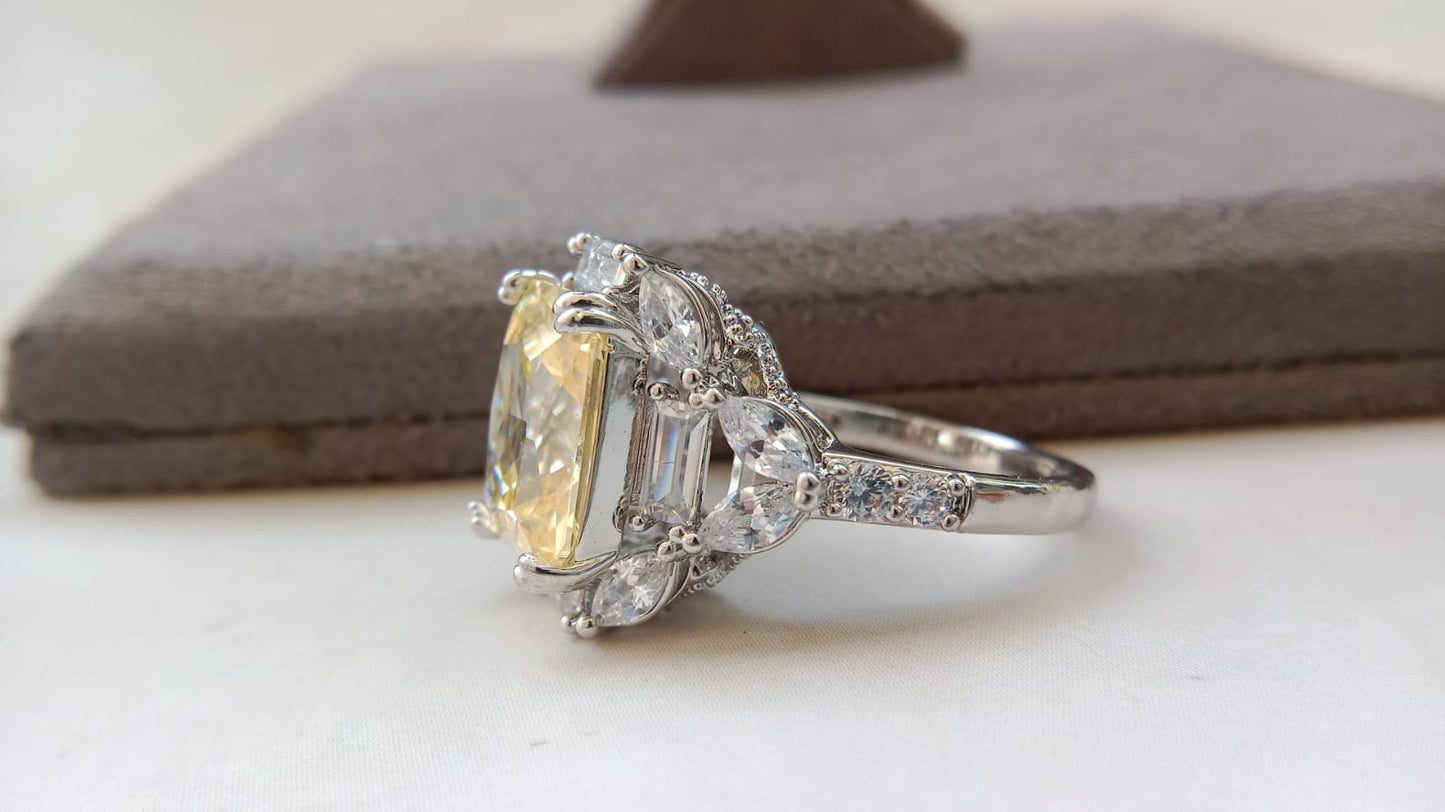 Luxury Emerald-Cut Statement Ring Collection for Women | Silver Finish CZ Cocktail Rings | Ruby Red, Emerald Green, Sapphire Blue & Champagne Stone