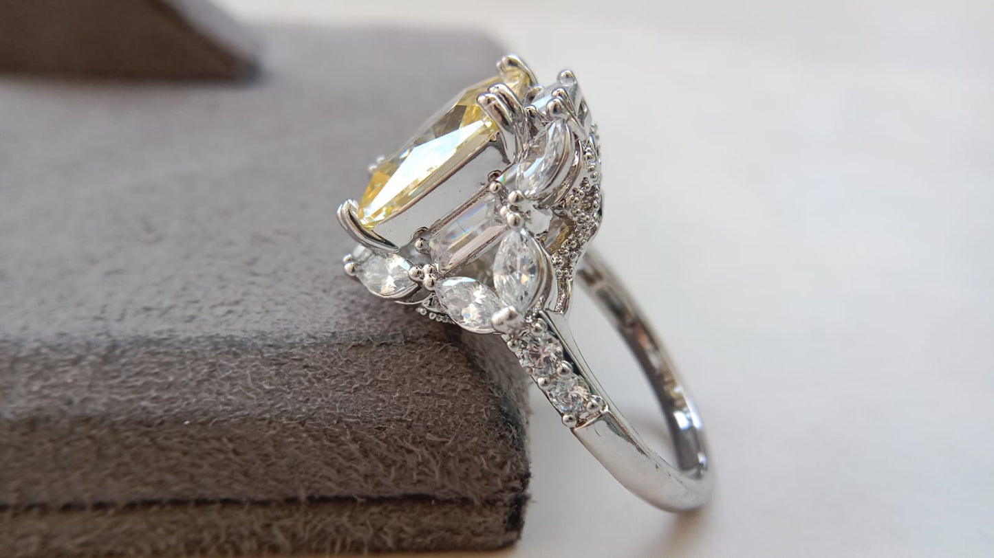 Luxury Emerald-Cut Statement Ring Collection for Women | Silver Finish CZ Cocktail Rings | Ruby Red, Emerald Green, Sapphire Blue & Champagne Stone