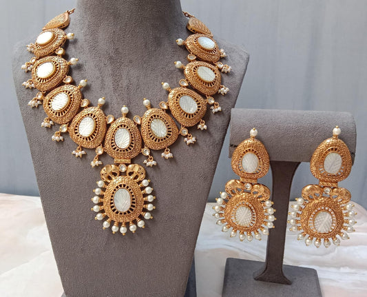 Antique Gold Carved Mother-of-Pearl Choker Set with Pearl Drops