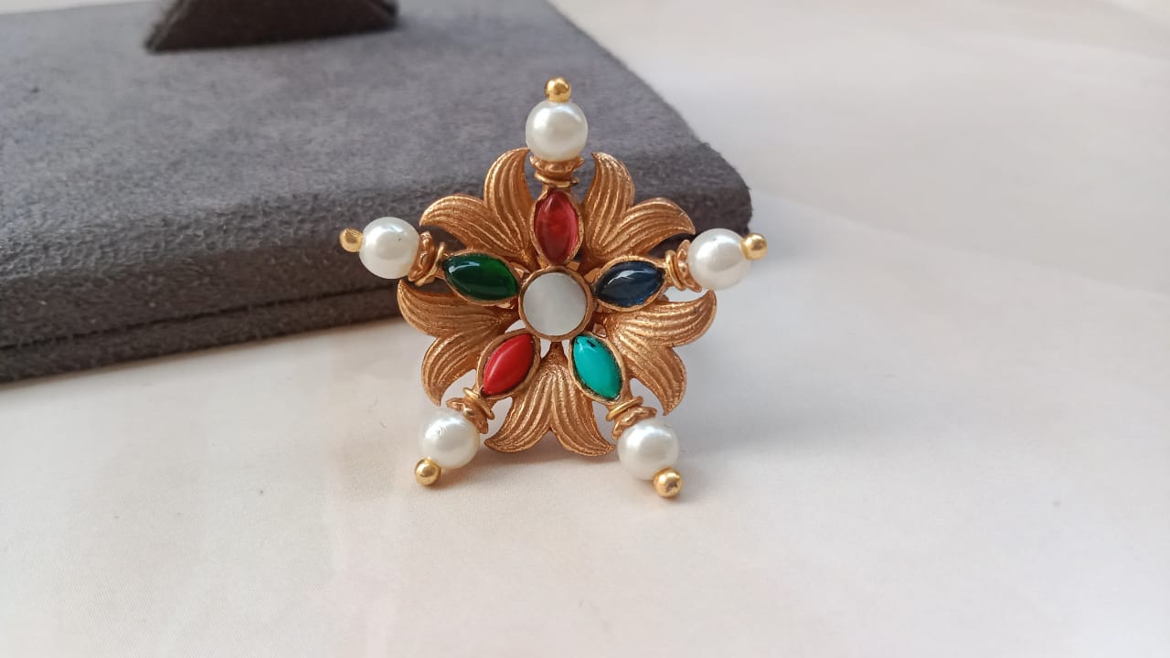 Multicolor Kundan Floral Ring with Pearl Drops