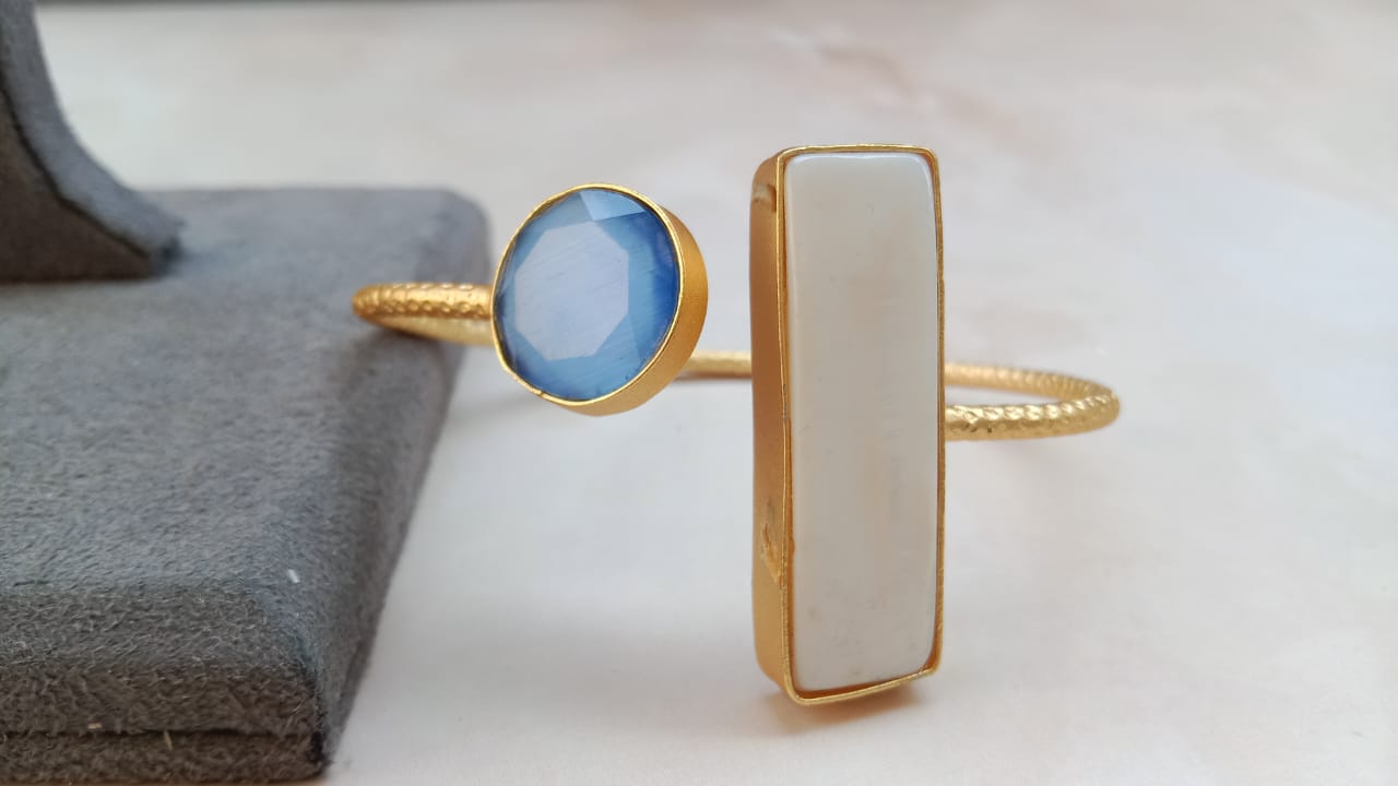 AD Openable Cuff Bracelet with MOP & Aqua Dual Stones