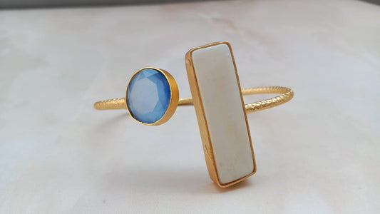 AD Openable Cuff Bracelet with MOP & Aqua Dual Stones