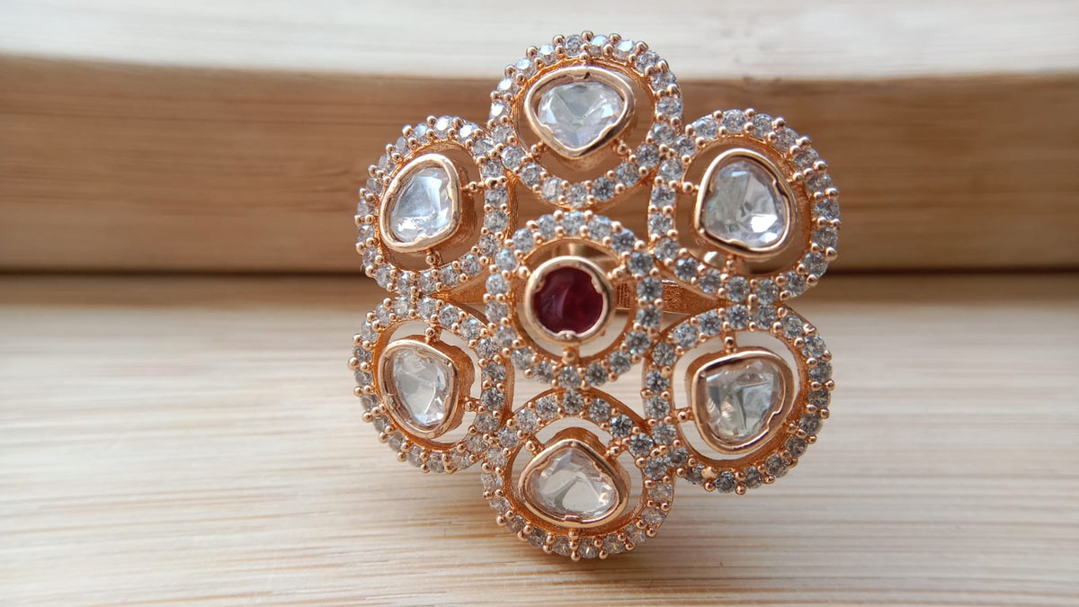 Polki Diamond Adjustable Ring with Ruby Stone