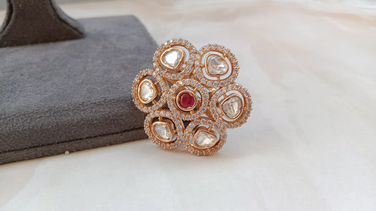 Polki Diamond Adjustable Ring with Ruby Stone