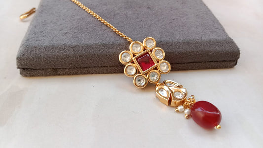 Kundan Tikka with Ruby Center Stone & Pearl Drop